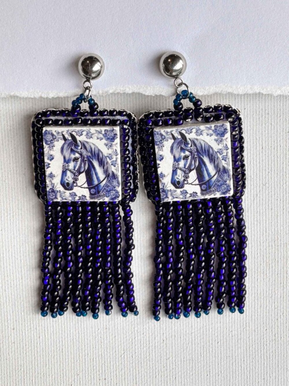 Handmade Blue Horse Ceramic Fringe Statement Earrings - Picture 6 of 10